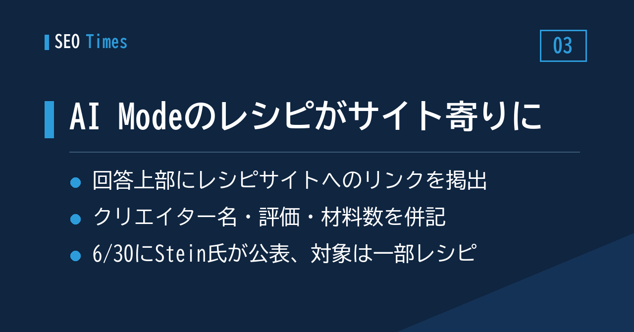 ③ AI Modeのレシピ回答、上部にサイトリンクを置きパブリッシャー寄りに