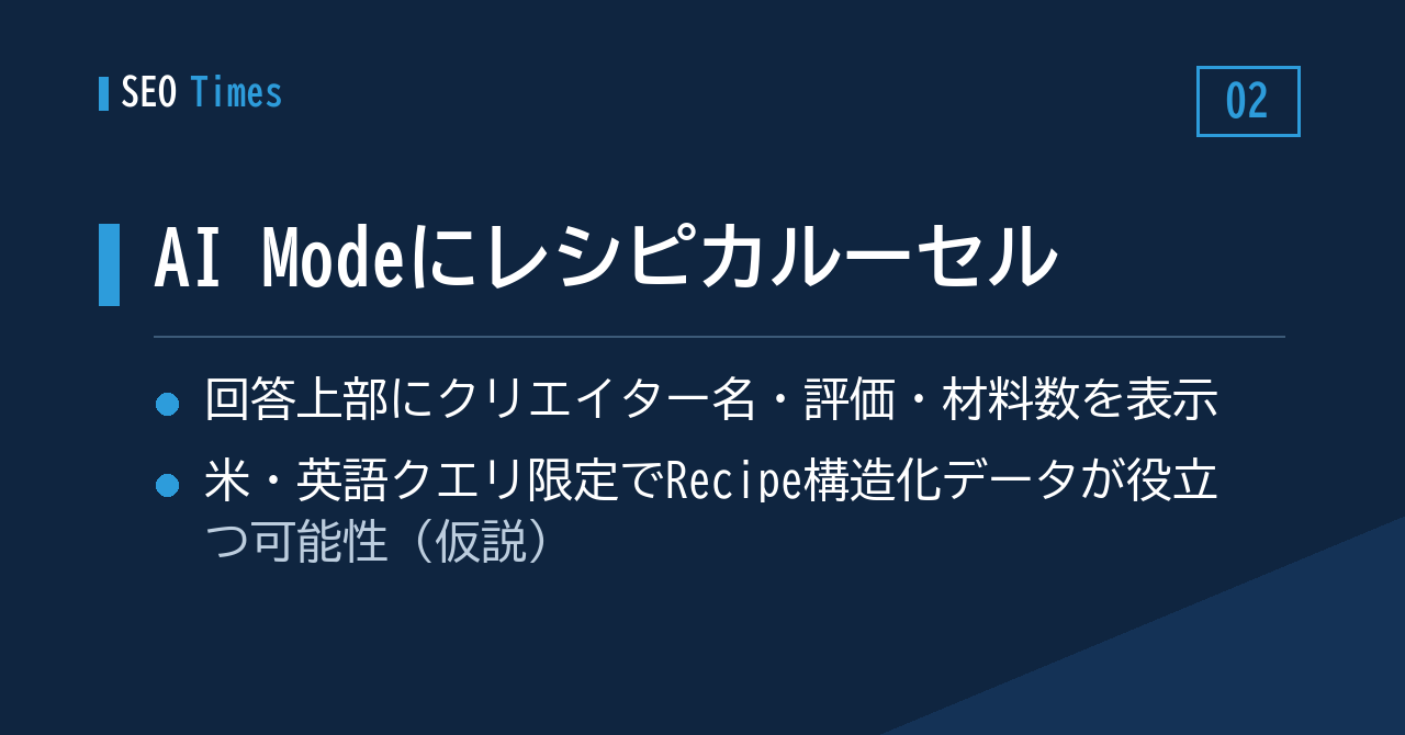 ② Google AI Mode、レシピ検索の回答上部に「カルーセル」が登場