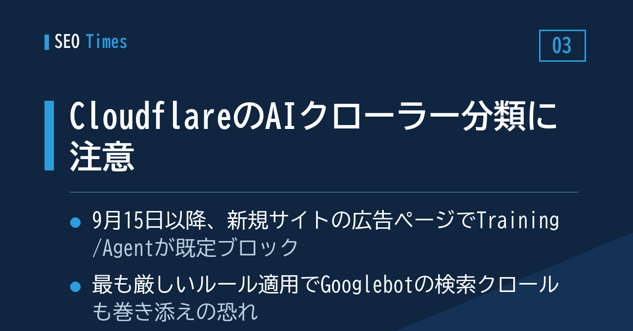 ③ CloudflareのAIクローラー分類、Googlebotを巻き込む恐れ（9月15日が節目）