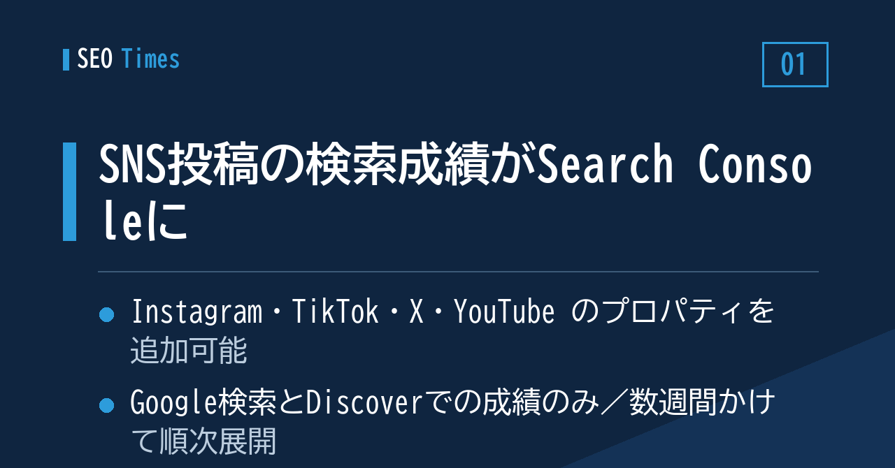 ① Instagram・TikTok・X・YouTube の投稿が、Search Console から追えるようになります