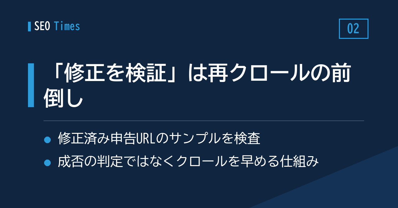 「修正を検証」ボタンは合否判定ではなく、再クロールの前倒し