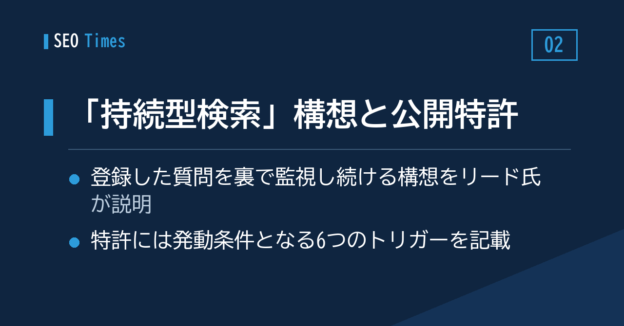 「登録した質問を裏で追い続ける検索」——リズ・リード氏の構想と公開特許
