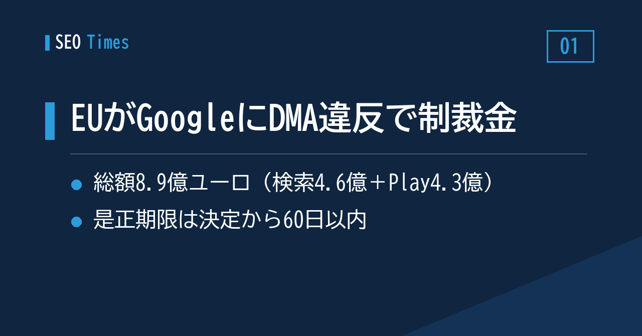 ① DMA違反でGoogleに8.9億ユーロ——欧州委員会が60日以内の是正を要求