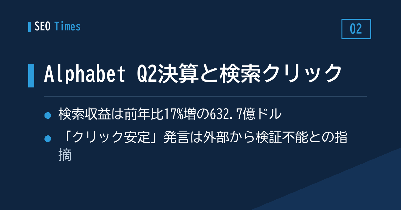 2. Alphabet決算で検索収益632.7億ドル。ただしクリックに関する発言は「検証手段がない」との声も