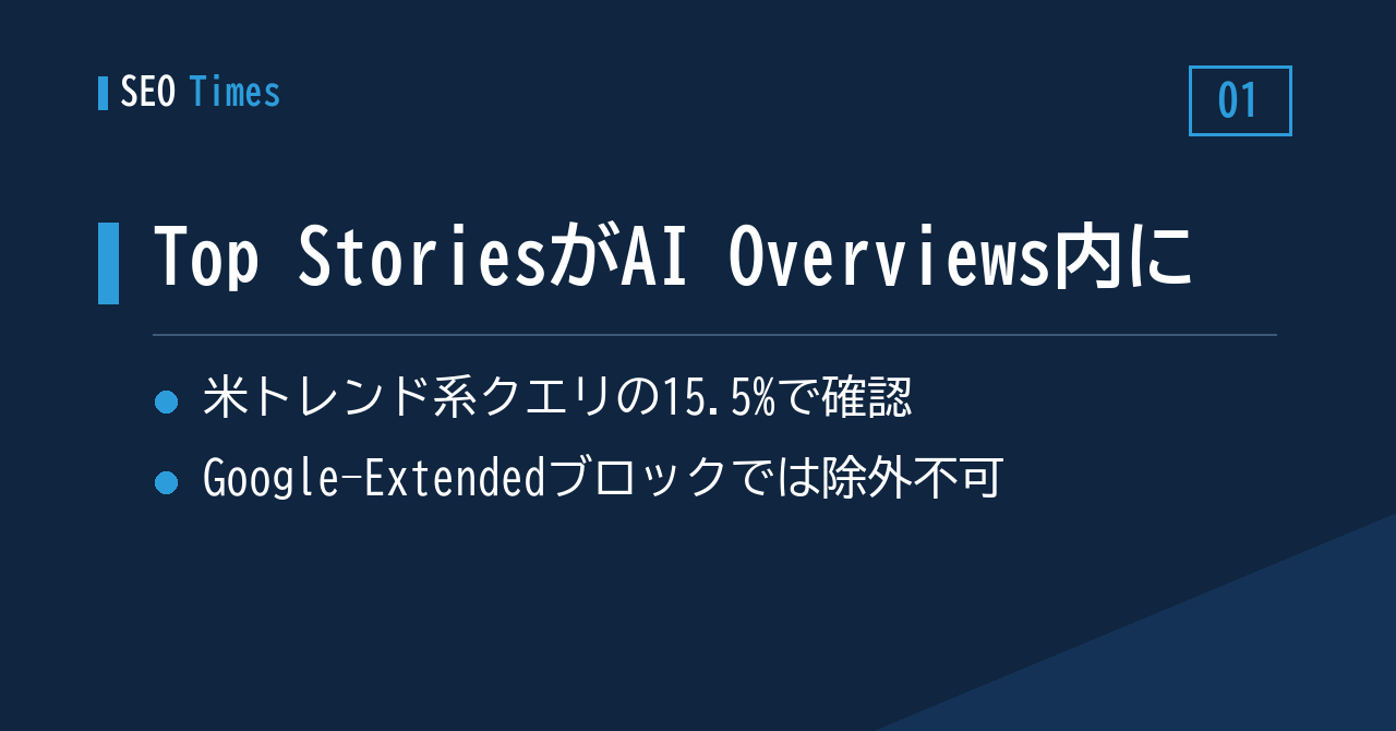 1. ニュースカルーセルがAI Overviewsの内側へ——Google-Extendedのブロックは掲載除外の手段にならず
