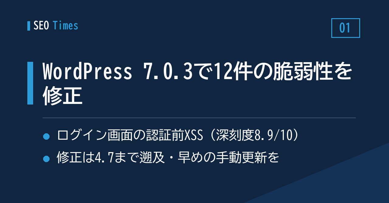 WordPress 7.0.3リリース:認証前の反射型XSSを含む12件を修正