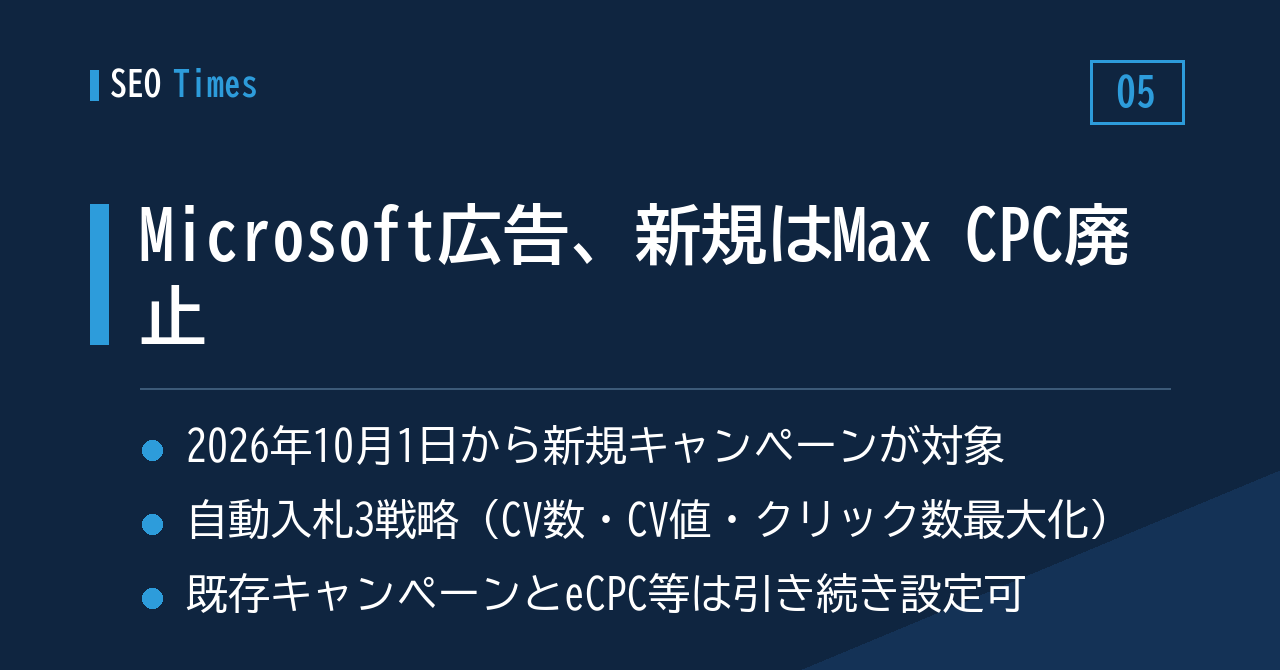 ⑤Microsoft広告:10月1日以降の新規キャンペーンでMax CPCが設定不可に