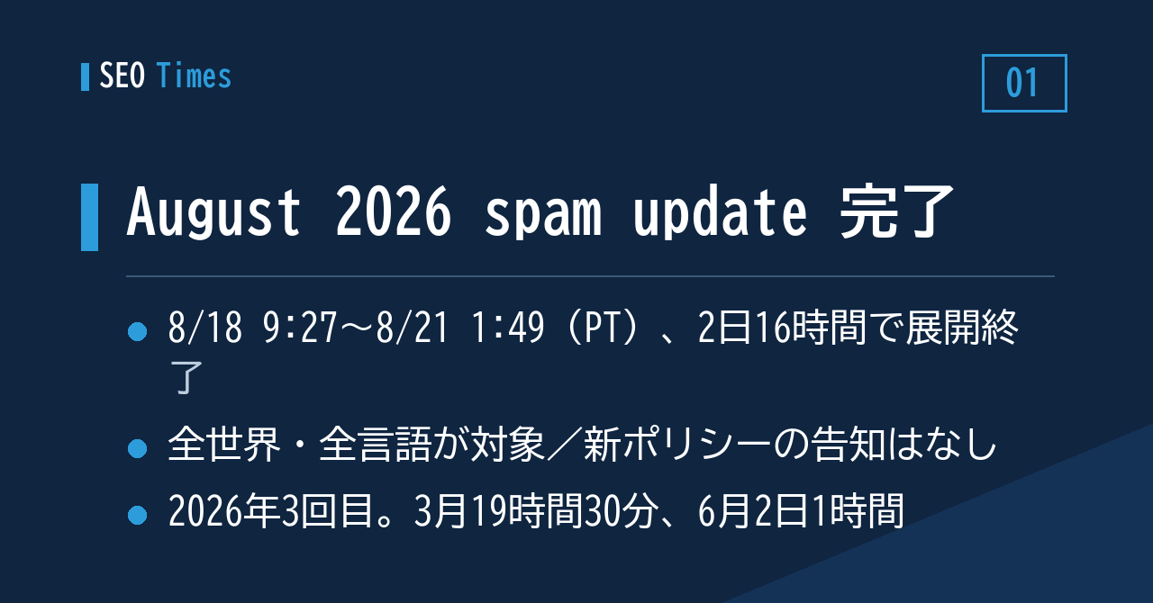 ① August 2026 spam update、展開期間は2日16時間