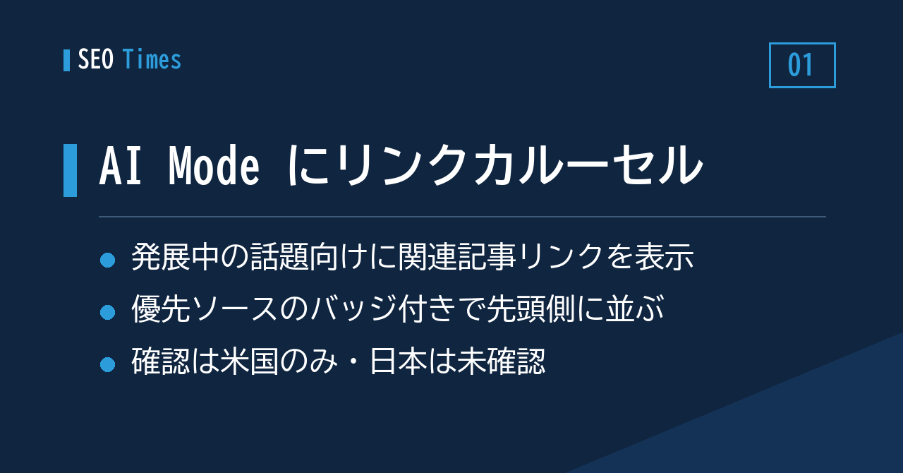 AI Mode に「発展中の話題」向けリンクカルーセル。優先ソースが上位に並ぶ