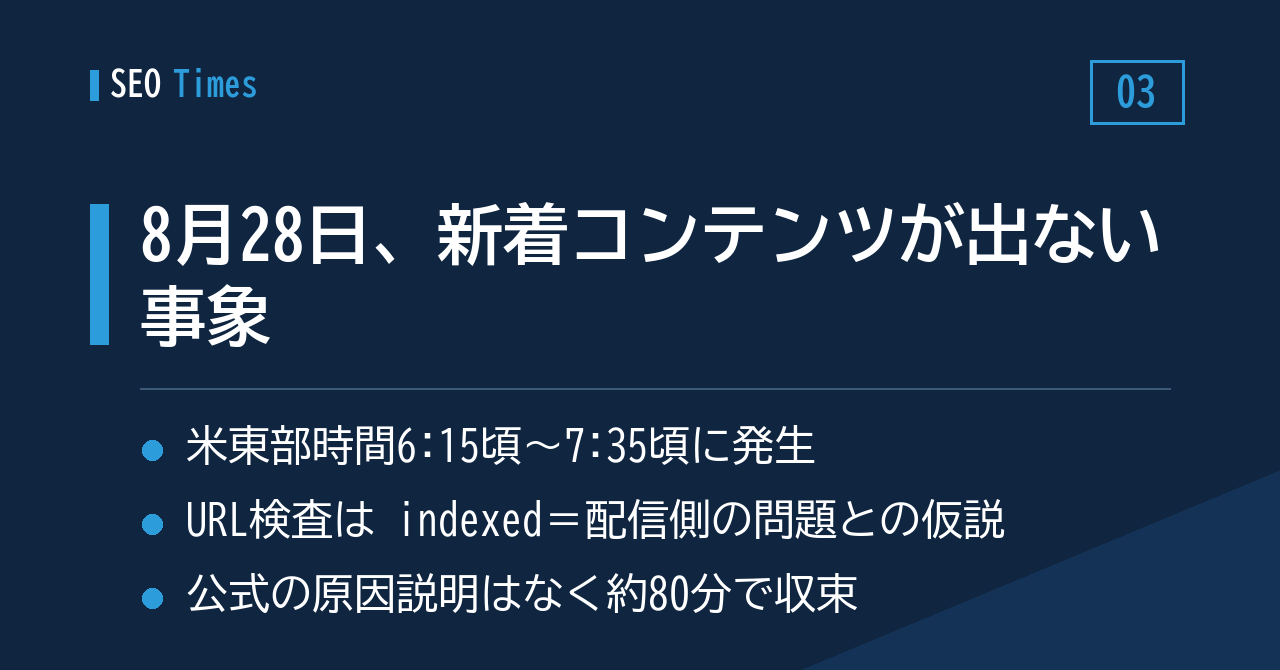 8月28日朝、公開直後の記事が検索結果に出ない事象