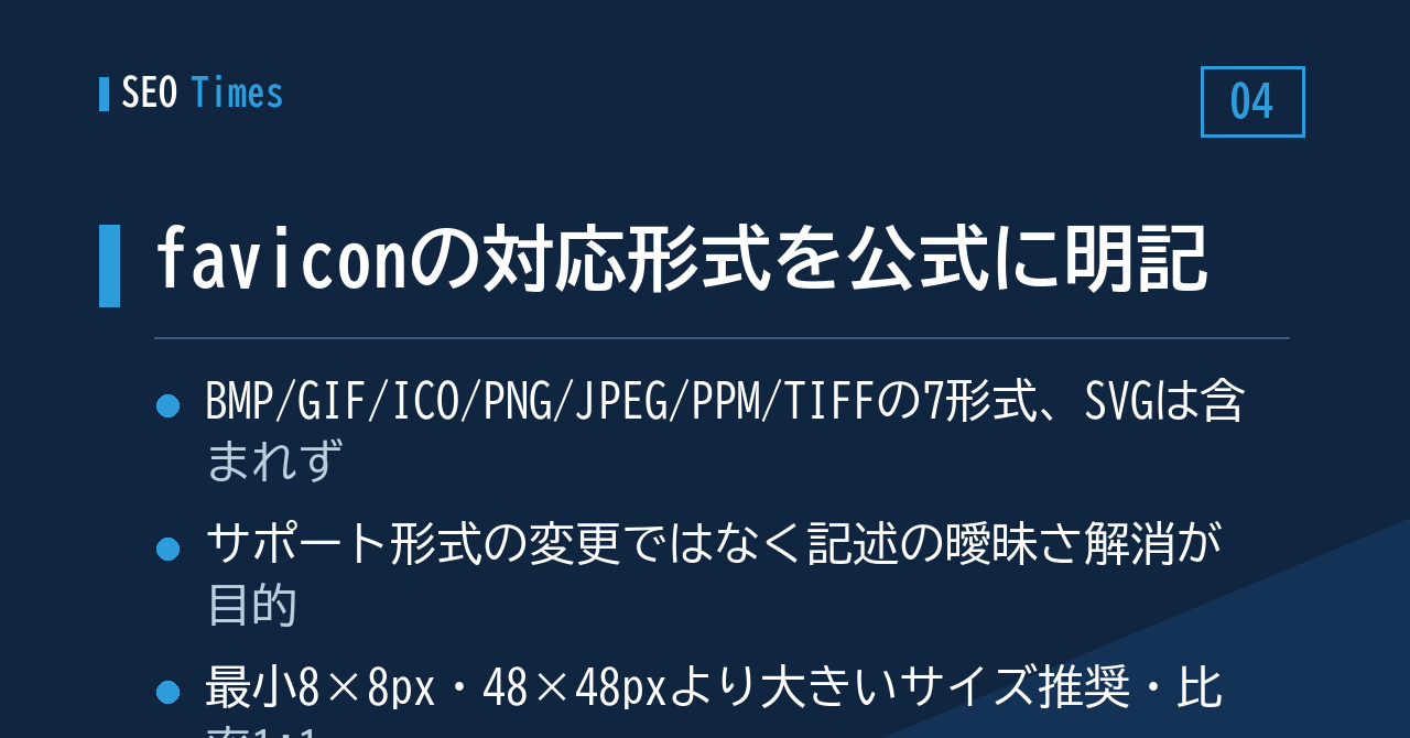 ④ faviconのサポート形式が公式ドキュメントに明記される(SVGは対象外)
