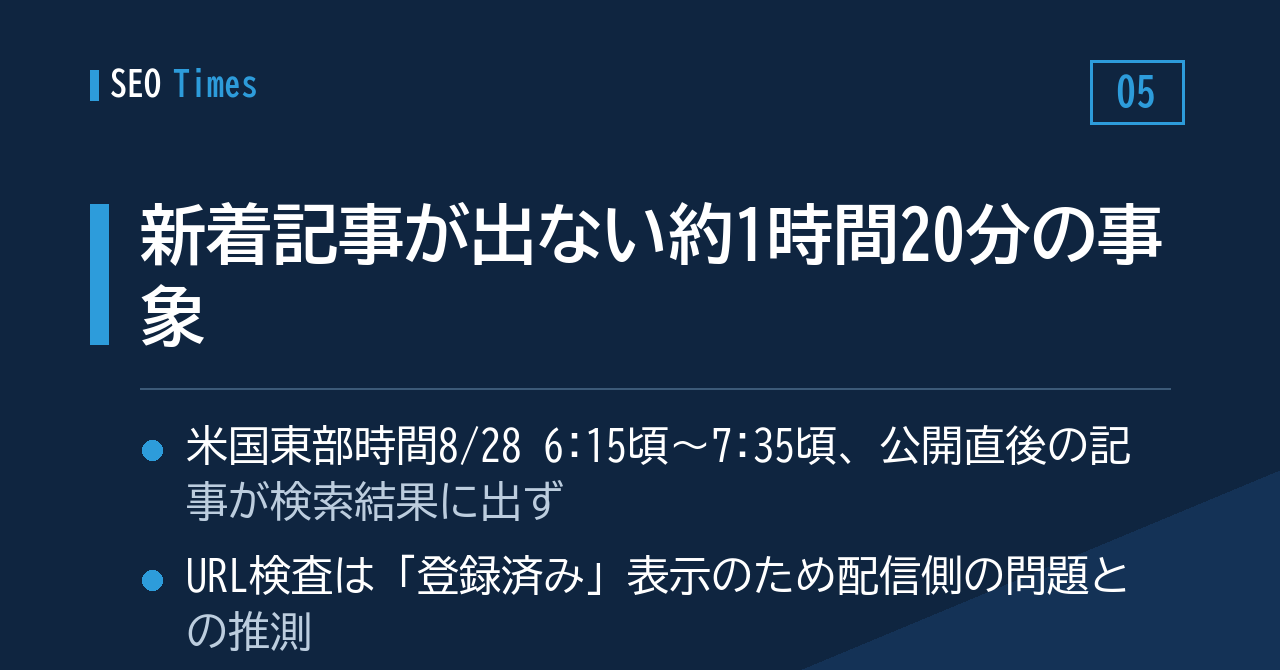 ⑤ 公開直後の記事が検索結果に出ない事象 — 8月28日朝に約1時間20分