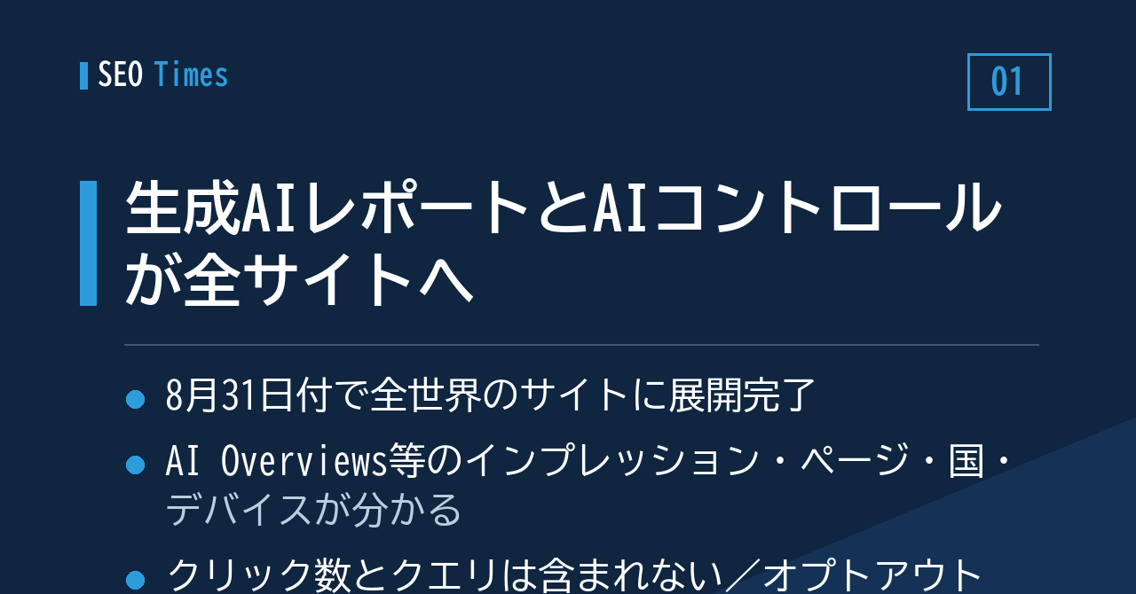 ① 生成AIパフォーマンスレポートとAIコントロール、全サイトで利用可能に