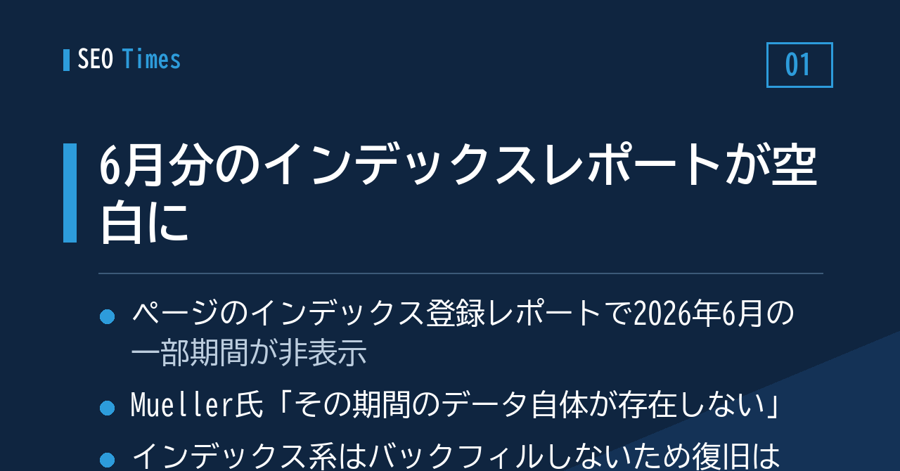 ページのインデックス登録レポート、6月分が表示されない状態に